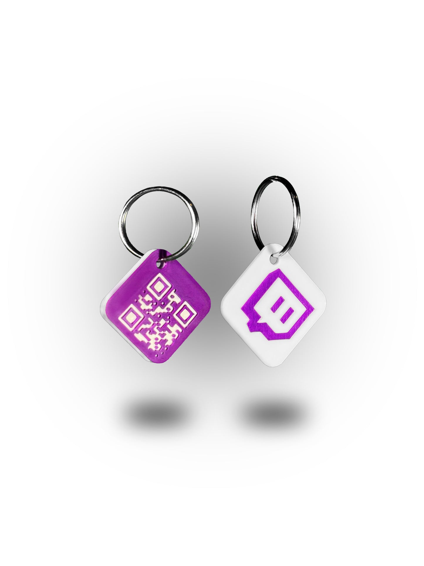 Twitch-Schlüsselanhänger mit NFC und QR-Code – 3D-gedruckter, quadratischer Anhänger mit Social-Media-Logo auf der Vorderseite und QR-Code auf der Rückseite, integrierter NFC-Chip für kontaktloses Scannen, ideal für Influencer, digitales Networking und Smart-Branding.