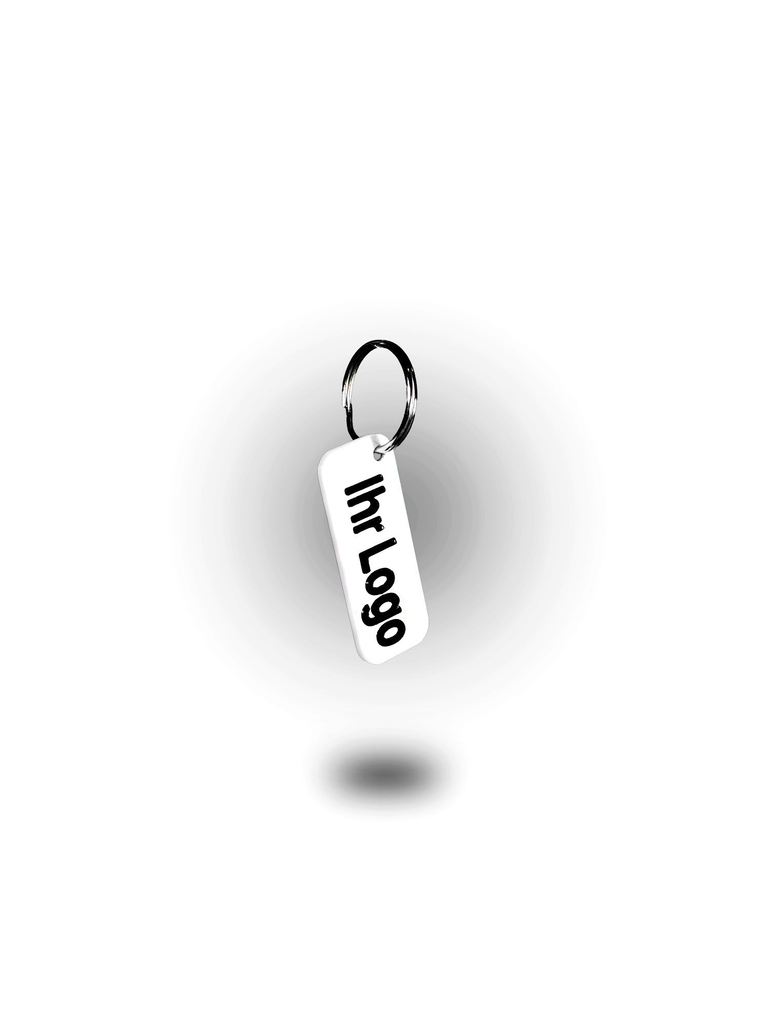 Personalisierbarer Schlüsselanhänger mit Logo-Druck – rechteckiger weißer Anhänger mit Metallring, ideal für Firmenlogos, Werbegeschenke oder Branding.