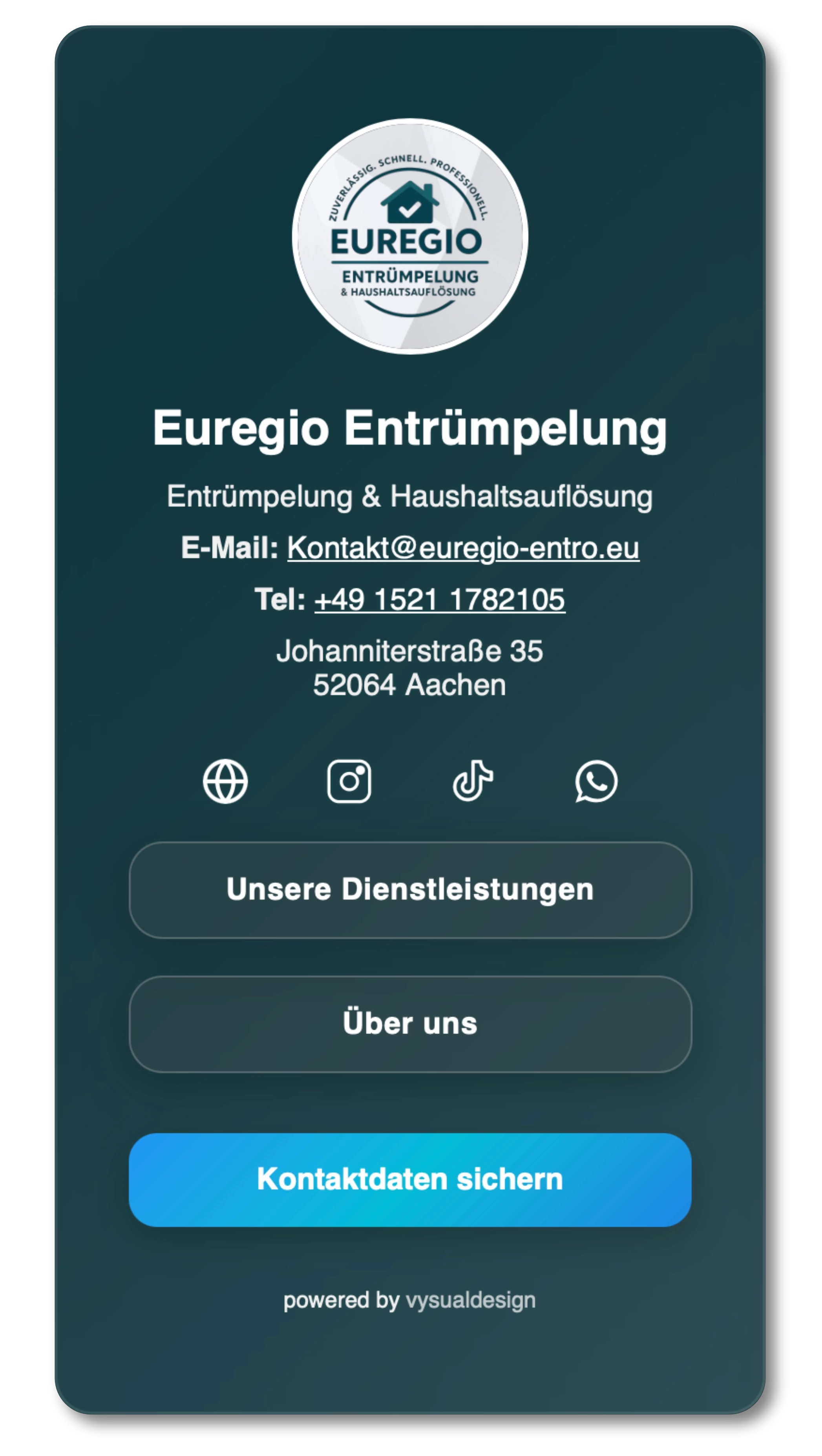 Digitale Visitenkarte NFC Tag – Euregio Entrümpelung mit Call-to-Action Buttons